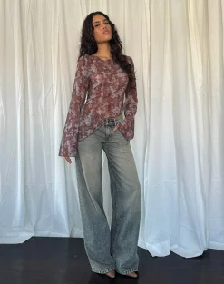 Motel Rocks Printed Tops | Long Sleeve Tops-Arcelia Long Sleeve Mesh Top in Botanical Shadow Brown