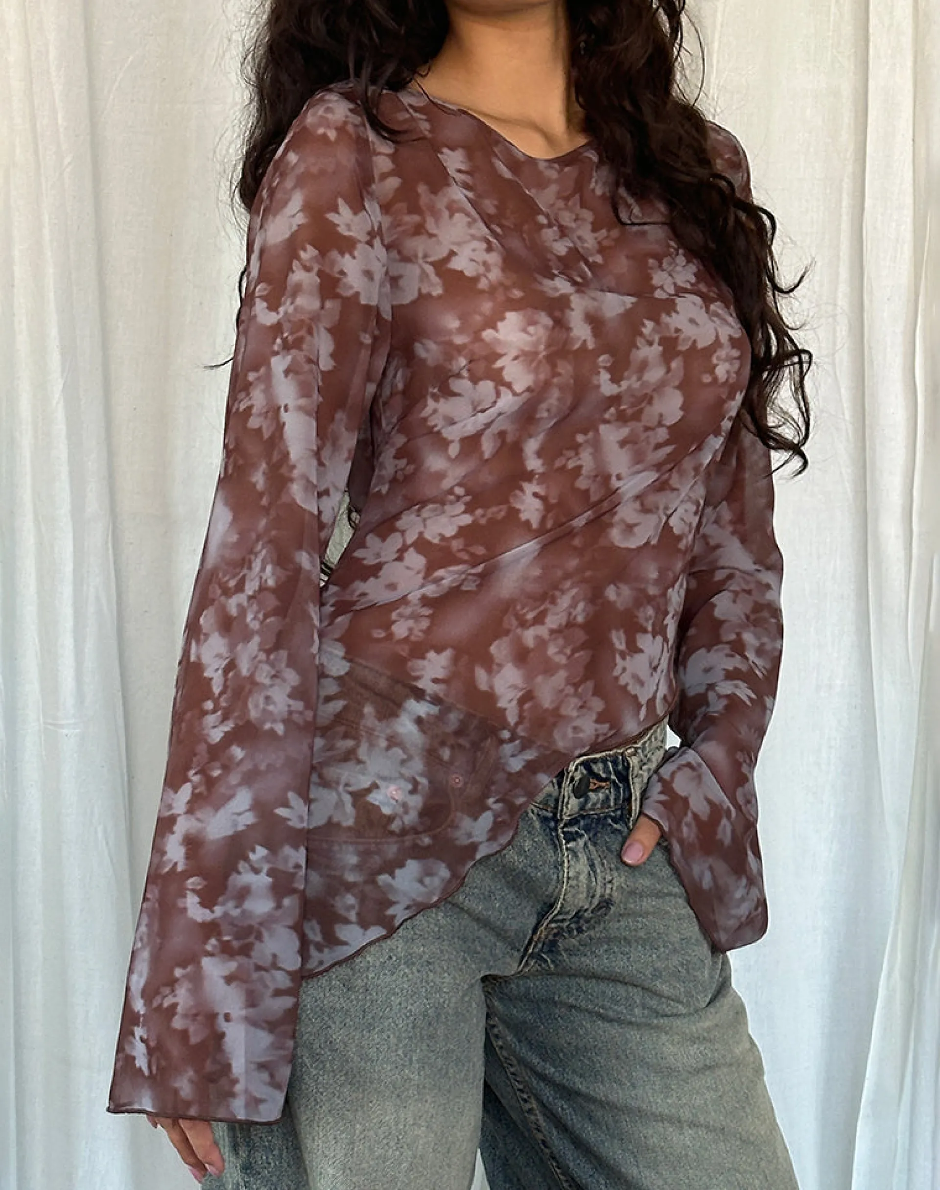 Motel Rocks Printed Tops | Long Sleeve Tops-Arcelia Long Sleeve Mesh Top in Botanical Shadow Brown