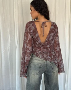 Motel Rocks Printed Tops | Long Sleeve Tops-Arcelia Long Sleeve Mesh Top in Botanical Shadow Brown
