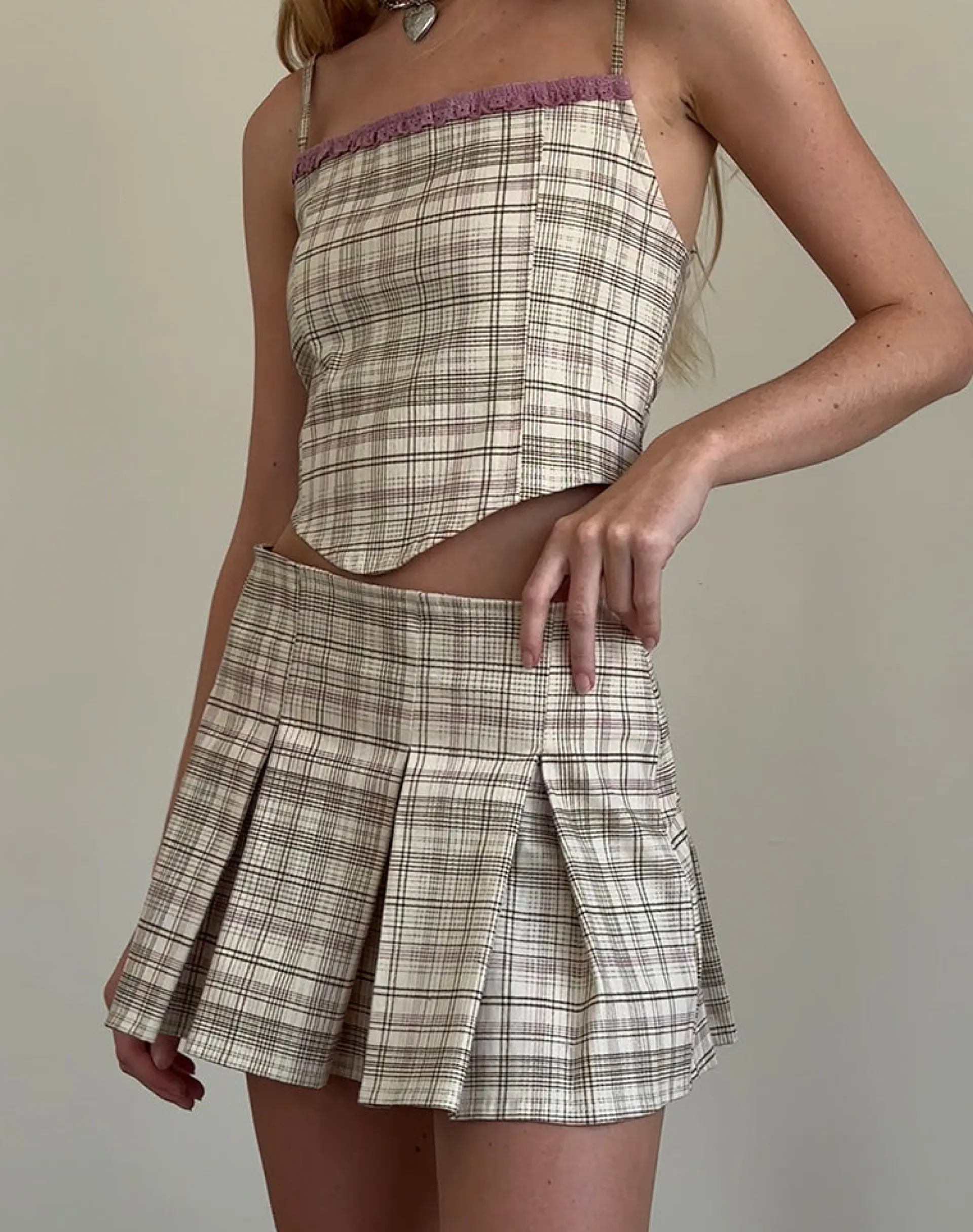 Motel Rocks Co-Ords | Corset Tops-Archie Corset Top in Cream Pastel Check CreamPastelCheck