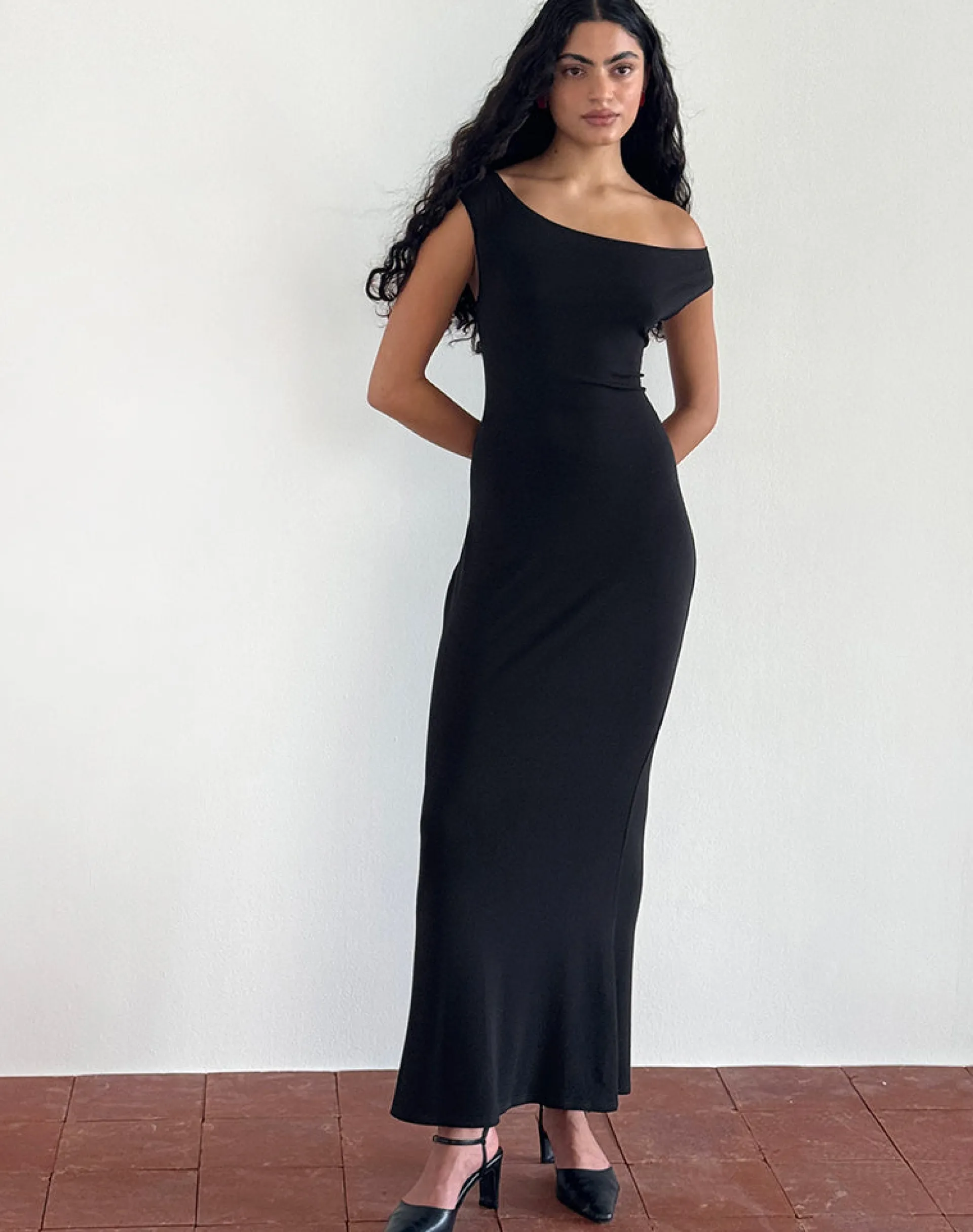 Motel Rocks Day Dresses | Bodycon Dresses-Ardita Asymmetrical Rib Knit Maxi Dress in Black