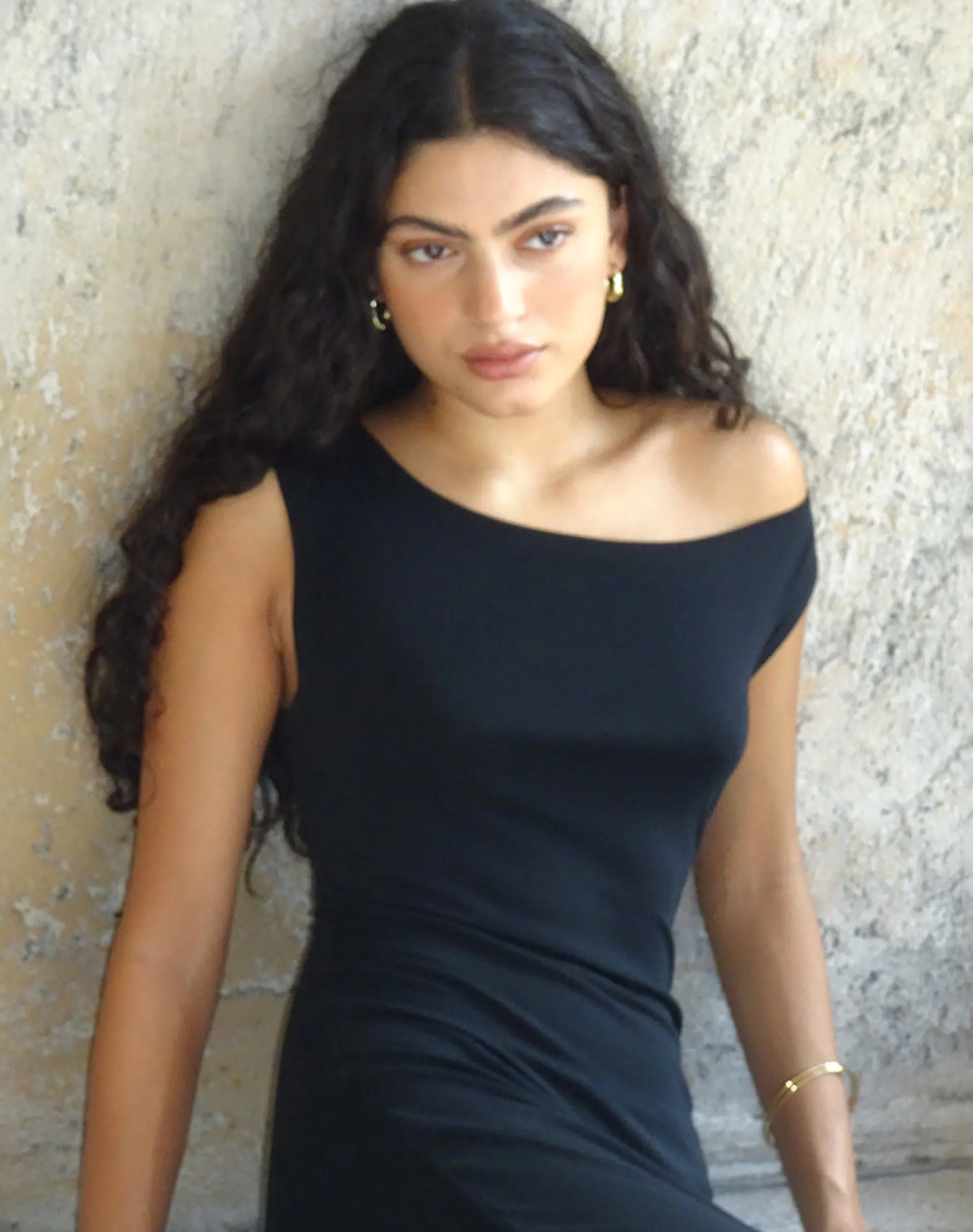 Motel Rocks Day Dresses | Bodycon Dresses-Ardita Asymmetrical Rib Knit Maxi Dress in Black
