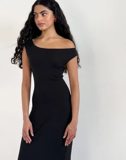 Motel Rocks Day Dresses | Bodycon Dresses-Ardita Asymmetrical Rib Knit Maxi Dress in Black