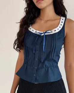 Motel Rocks Vest Tops-Arhan Sleeveless Top in Navy Poplin with White Trim NavyPoplinwithWhiteTrim