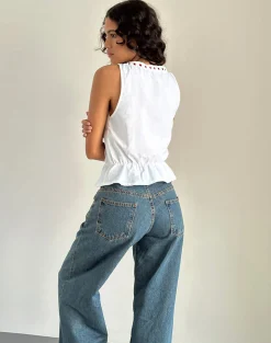 Motel Rocks Co-Ords | Vest Tops-Arhan Top in White Poplin with Red Trim WhitePoplinwithRedTrim