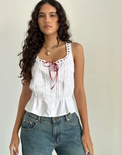 Motel Rocks Co-Ords | Vest Tops-Arhan Top in White Poplin with Red Trim WhitePoplinwithRedTrim