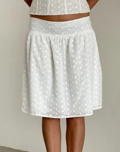 Motel Rocks Co-Ords | Midi Skirts-Aristia Midi Skirt in Woven Broderie White