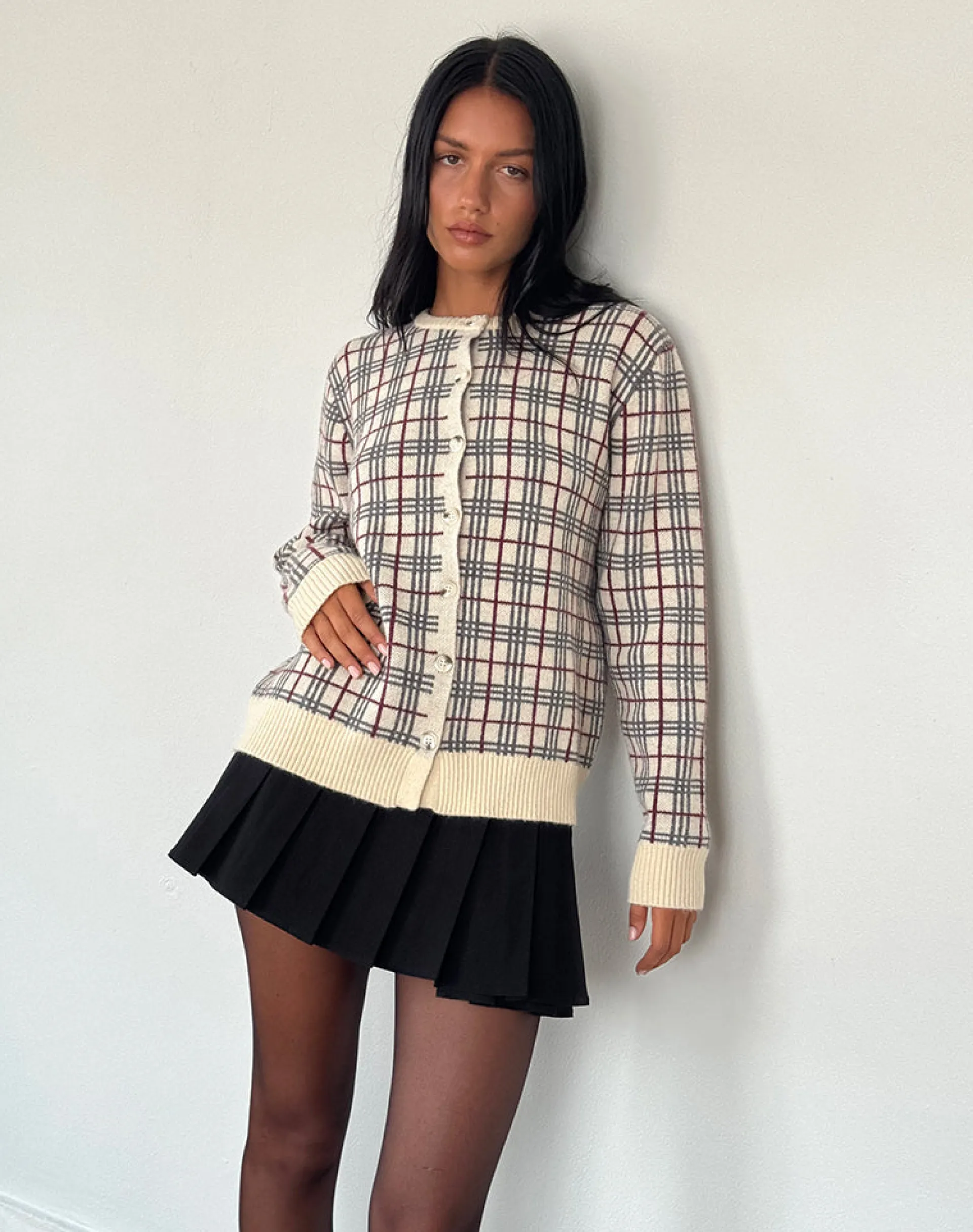 Motel Rocks Cardigans-Arlene Cardigan Checked Knit Cream