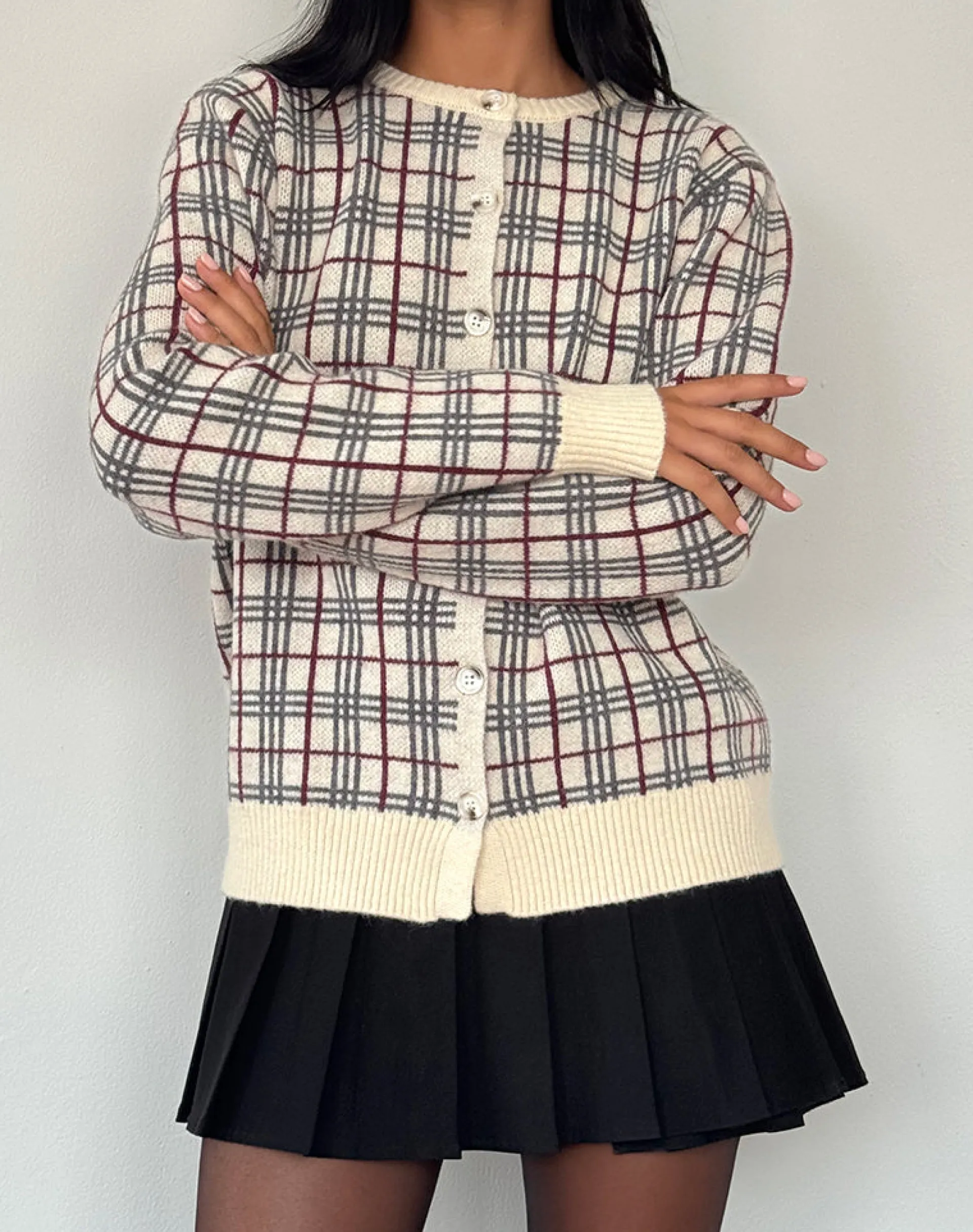 Motel Rocks Cardigans-Arlene Cardigan Checked Knit Cream