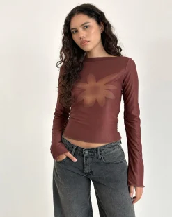 Motel Rocks Printed Tops | Long Sleeve Tops-Armali Long Sleeve Top in Mesh Tonal Flower Brown MeshTonalFlowerBrown
