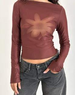 Motel Rocks Printed Tops | Long Sleeve Tops-Armali Long Sleeve Top in Mesh Tonal Flower Brown MeshTonalFlowerBrown