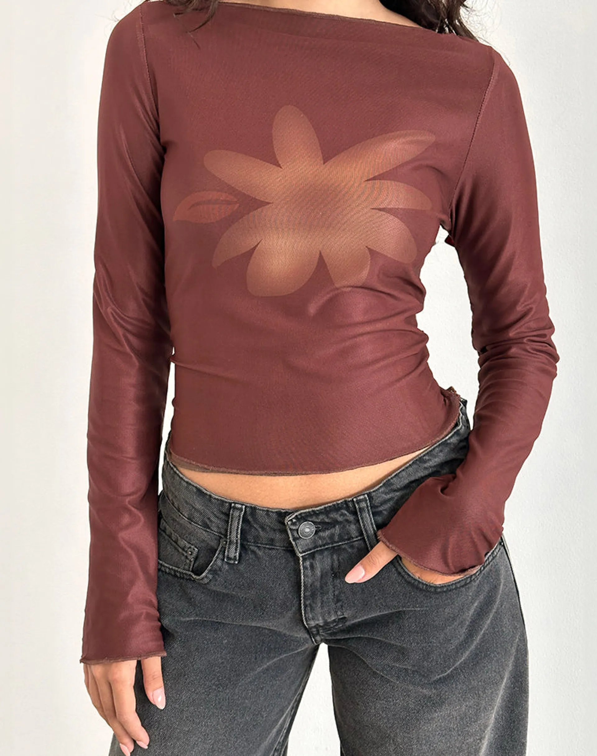 Motel Rocks Printed Tops | Long Sleeve Tops-Armali Long Sleeve Top in Mesh Tonal Flower Brown MeshTonalFlowerBrown