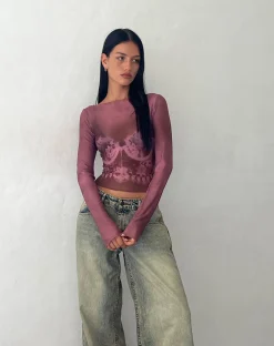 Motel Rocks Printed Tops | Long Sleeve Tops-Armali Long Sleeve Top in Burgundy with Lace Bra Scan burgundylacebrascan