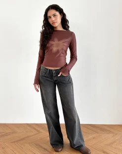 Motel Rocks Printed Tops | Long Sleeve Tops-Armali Long Sleeve Top in Mesh Tonal Flower Brown MeshTonalFlowerBrown