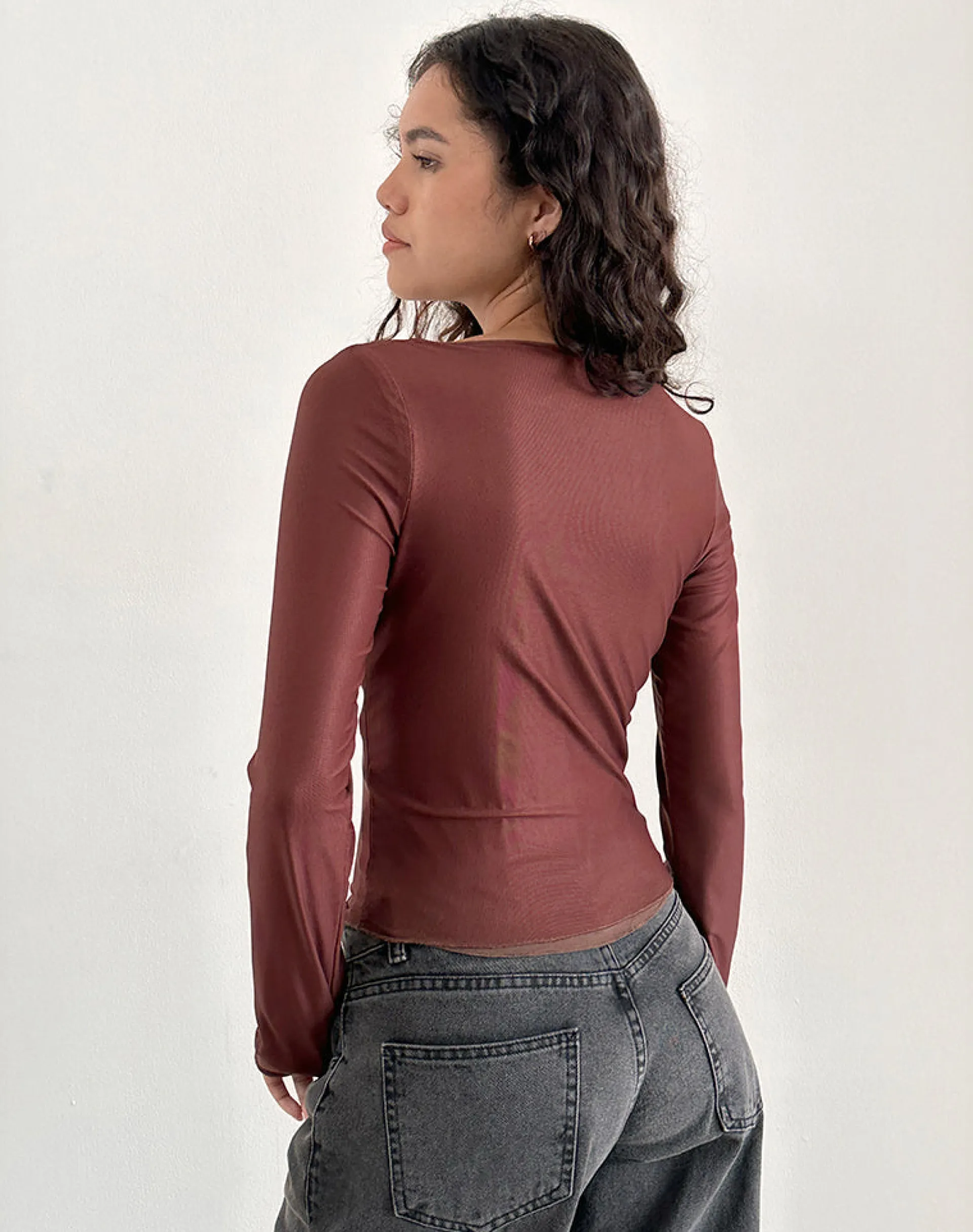 Motel Rocks Printed Tops | Long Sleeve Tops-Armali Long Sleeve Top in Mesh Tonal Flower Brown MeshTonalFlowerBrown
