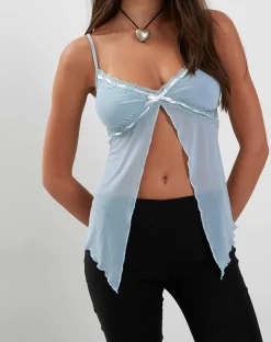 Motel Rocks Strappy Tops-Arsyla Mesh Butterfly Top in Pastel Blue