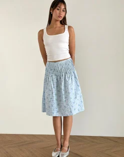 Motel Rocks Co-Ords | Printed Skirts-Asada Midi Skirt in Blue Flower Gingham BlueFlowerGingham