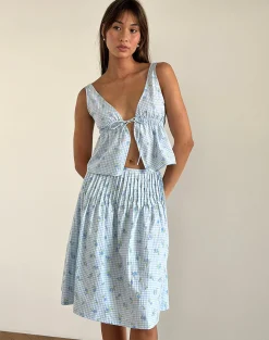Motel Rocks Co-Ords | Printed Skirts-Asada Midi Skirt in Blue Flower Gingham BlueFlowerGingham