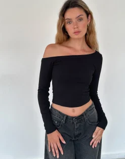 Motel Rocks Basics | Basic Tops-Ashia Asymmetric Long Sleeve Top in Super Soft Thick Rib Black