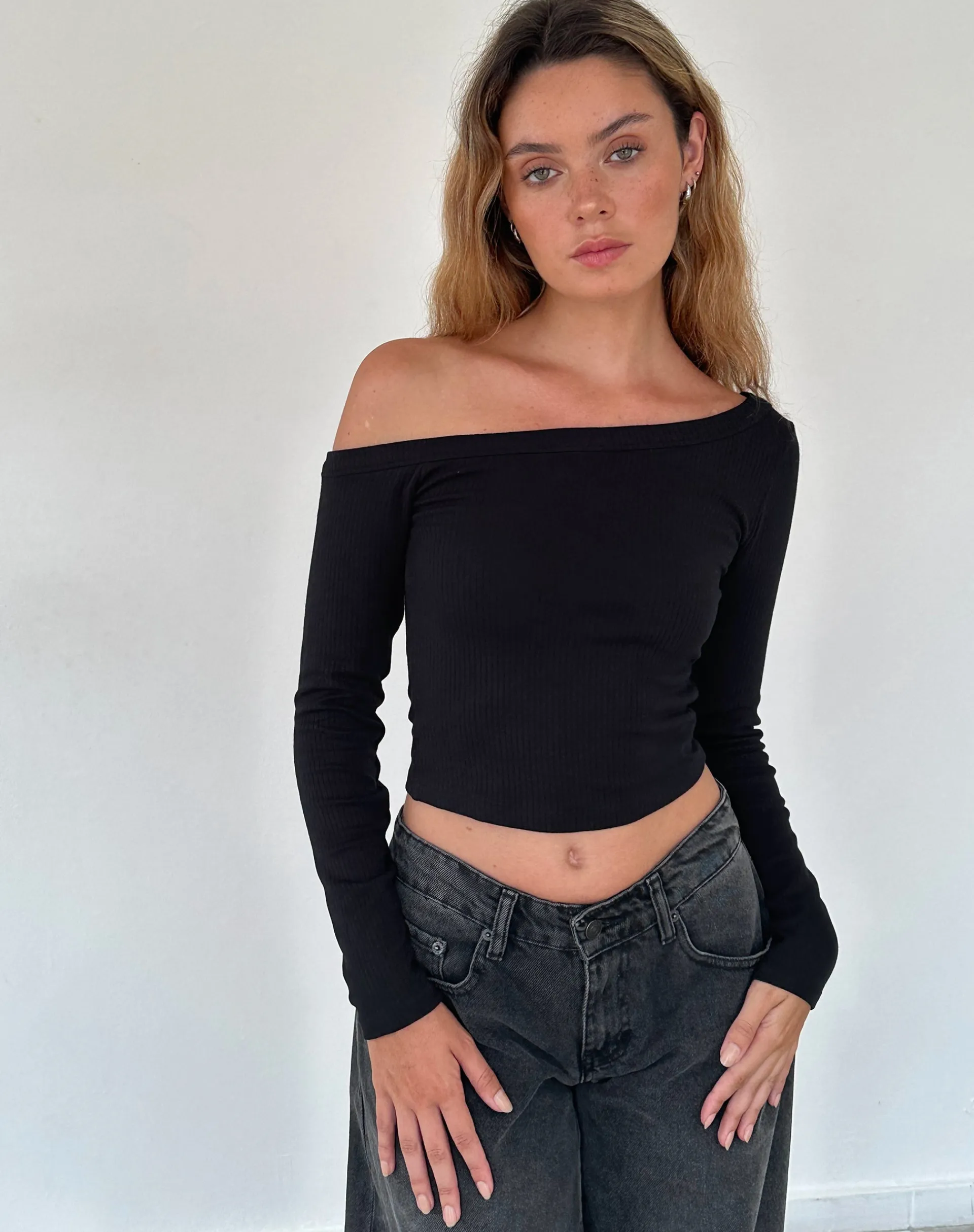 Motel Rocks Basics | Basic Tops-Ashia Asymmetric Long Sleeve Top in Super Soft Thick Rib Black