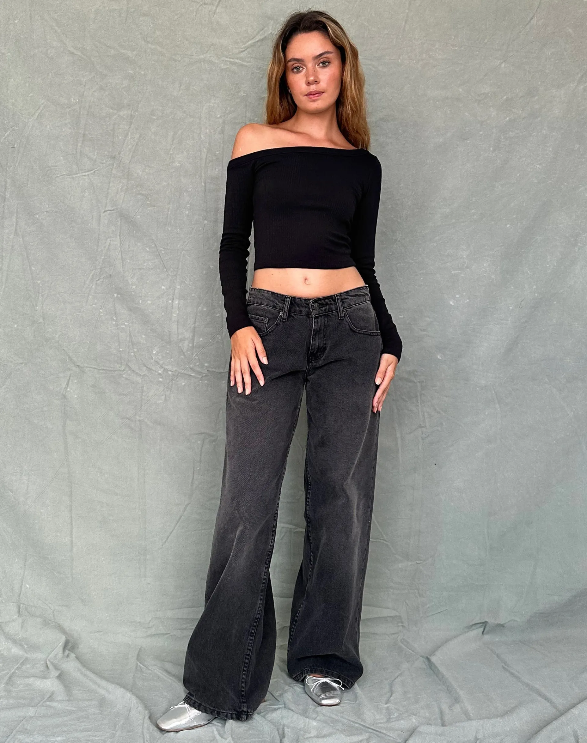 Motel Rocks Basics | Basic Tops-Ashia Asymmetric Long Sleeve Top in Super Soft Thick Rib Black
