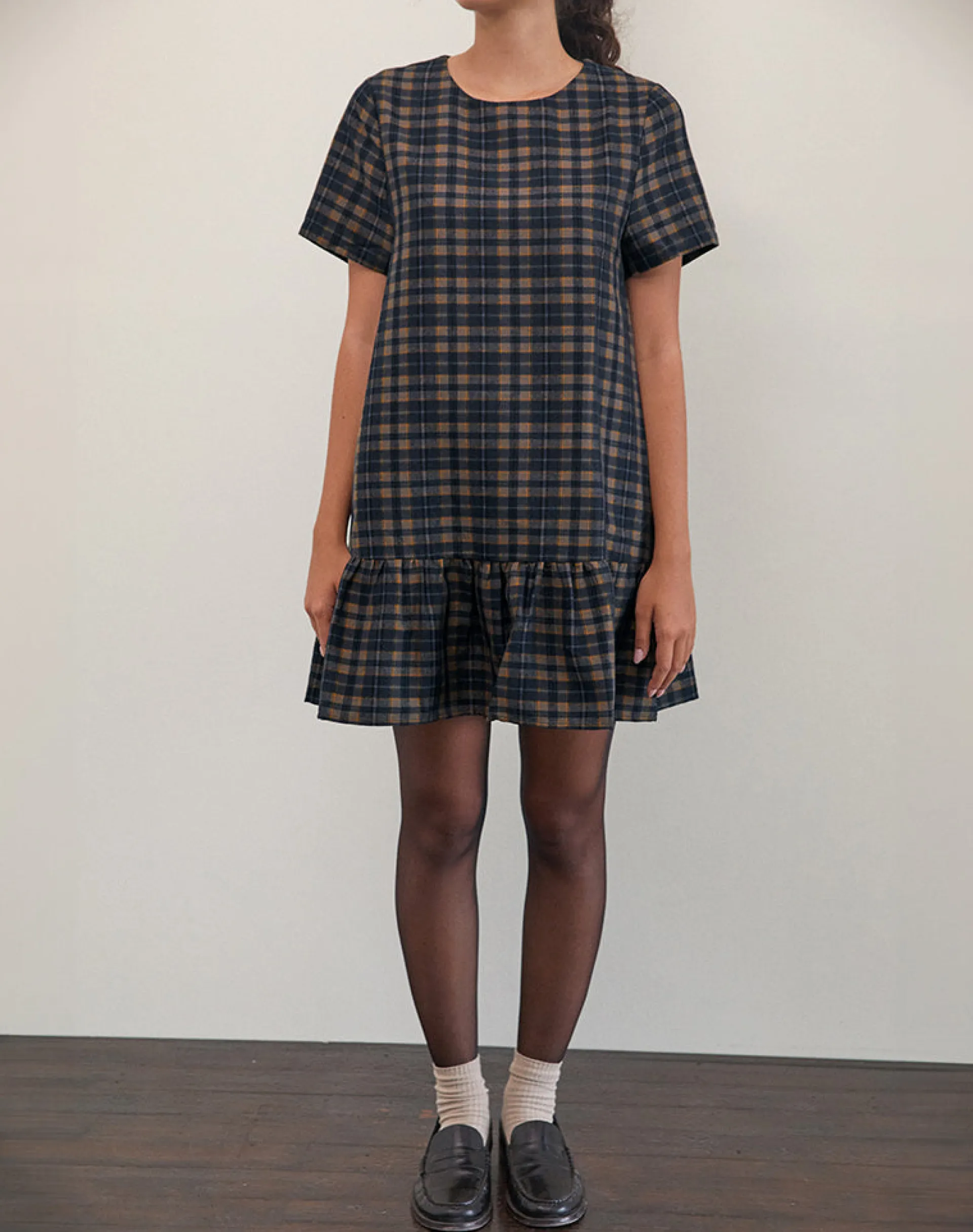 Motel Rocks Day Dresses | Mini Dresses-Asterin Mini Smock Dress in Navy Mustard Check
