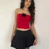 Motel Rocks Bandeau Tops | Going Out Tops-Astrum Satin Bandeau Top in Red with Black Rose RedwithBlackRose