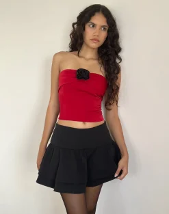 Motel Rocks Bandeau Tops | Going Out Tops-Astrum Satin Bandeau Top in Red with Black Rose RedwithBlackRose