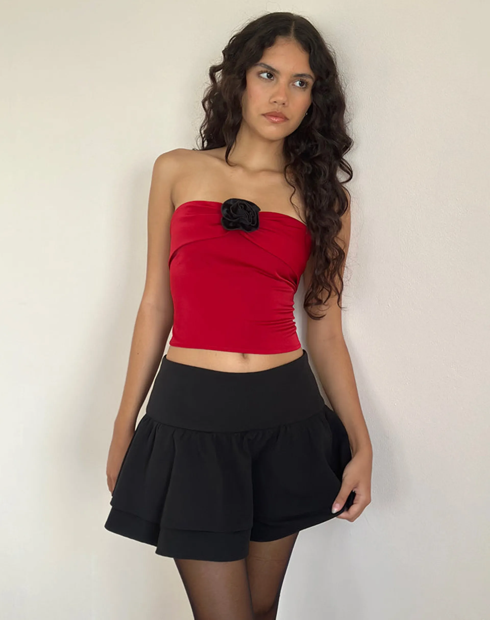 Motel Rocks Bandeau Tops | Going Out Tops-Astrum Satin Bandeau Top in Red with Black Rose RedwithBlackRose