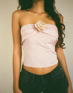Motel Rocks Bandeau Tops | Going Out Tops-Astrum Satin Bandeau Top in Pink with Ivory Rose PinkwithIvoryRose