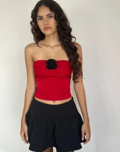 Motel Rocks Bandeau Tops | Going Out Tops-Astrum Satin Bandeau Top in Red with Black Rose RedwithBlackRose