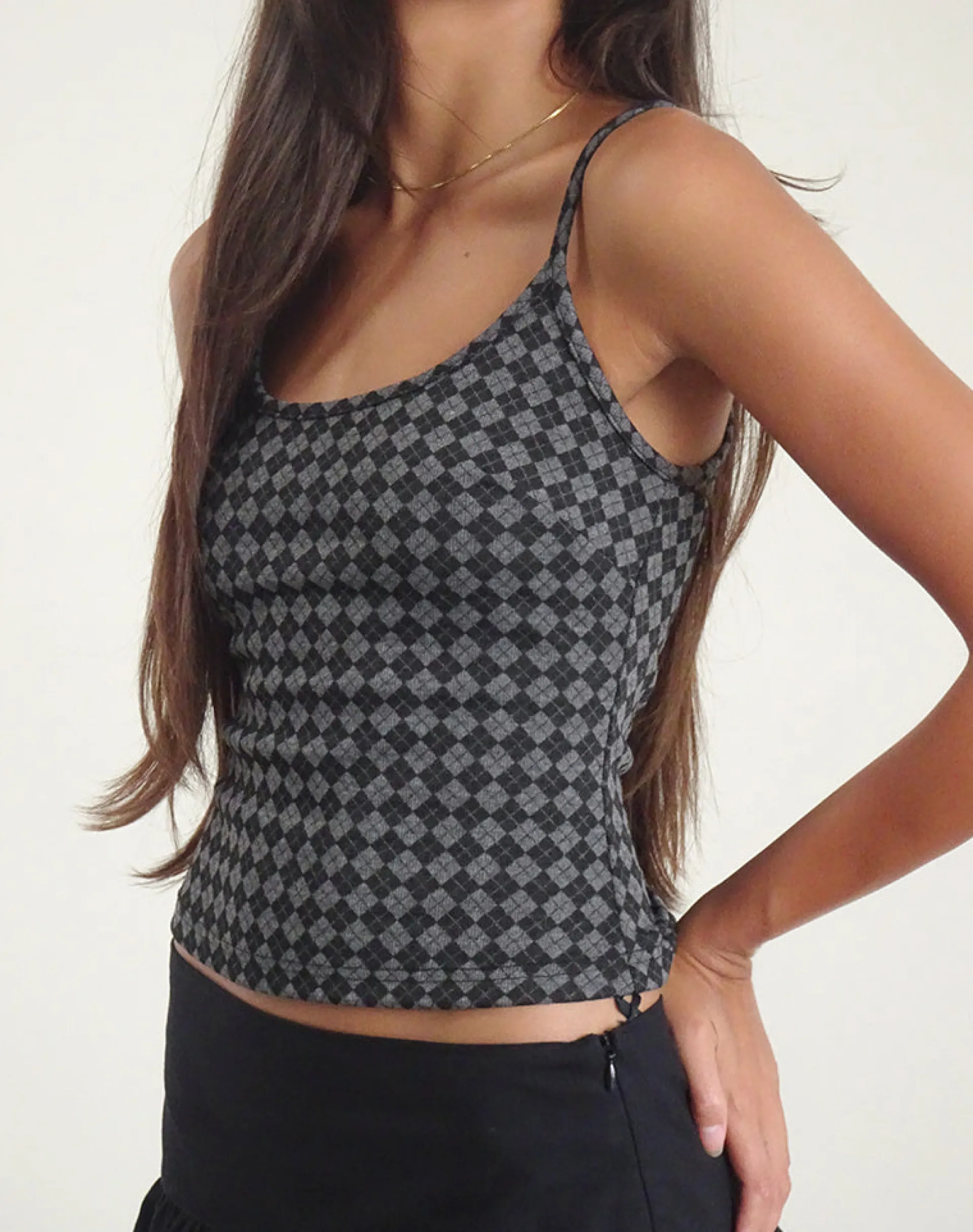 Motel Rocks Co-Ords | Strappy Tops-Atarah Knit Cami Top in Argyle Black Grey