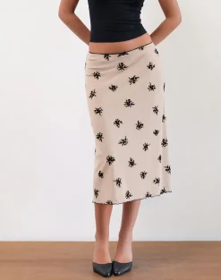 Motel Rocks Printed Skirts | A Line Skirts-Atira Midi Skirt in Cluster Ditsy Floral Flock Nude