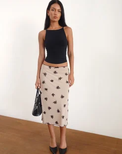 Motel Rocks Printed Skirts | A Line Skirts-Atira Midi Skirt in Cluster Ditsy Floral Flock Nude