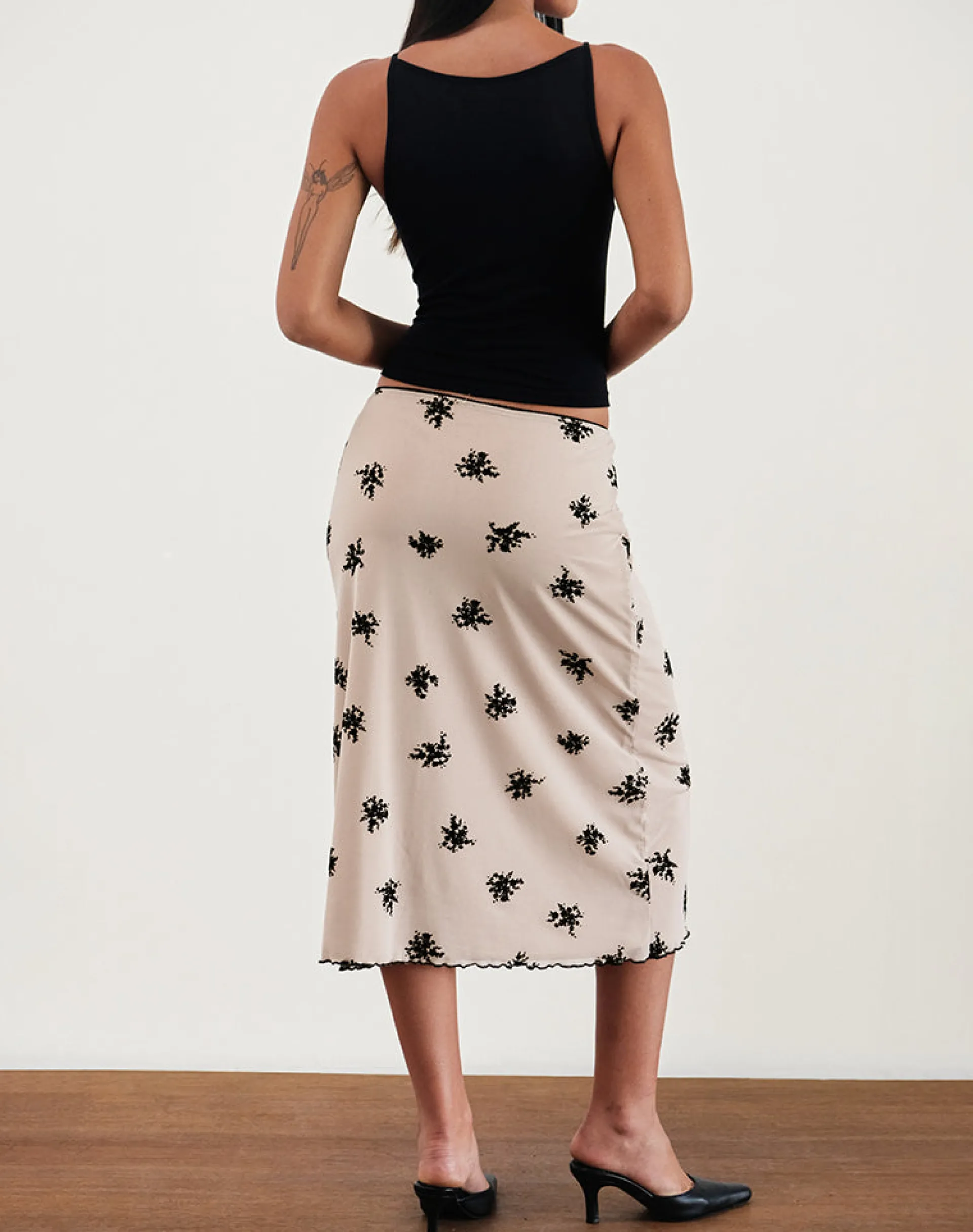 Motel Rocks Printed Skirts | A Line Skirts-Atira Midi Skirt in Cluster Ditsy Floral Flock Nude