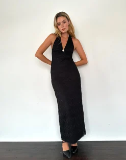 Motel Rocks Bodycon Dresses | Maxi Dresses-Atma Halterneck Maxi Dress in Canina Lace Black