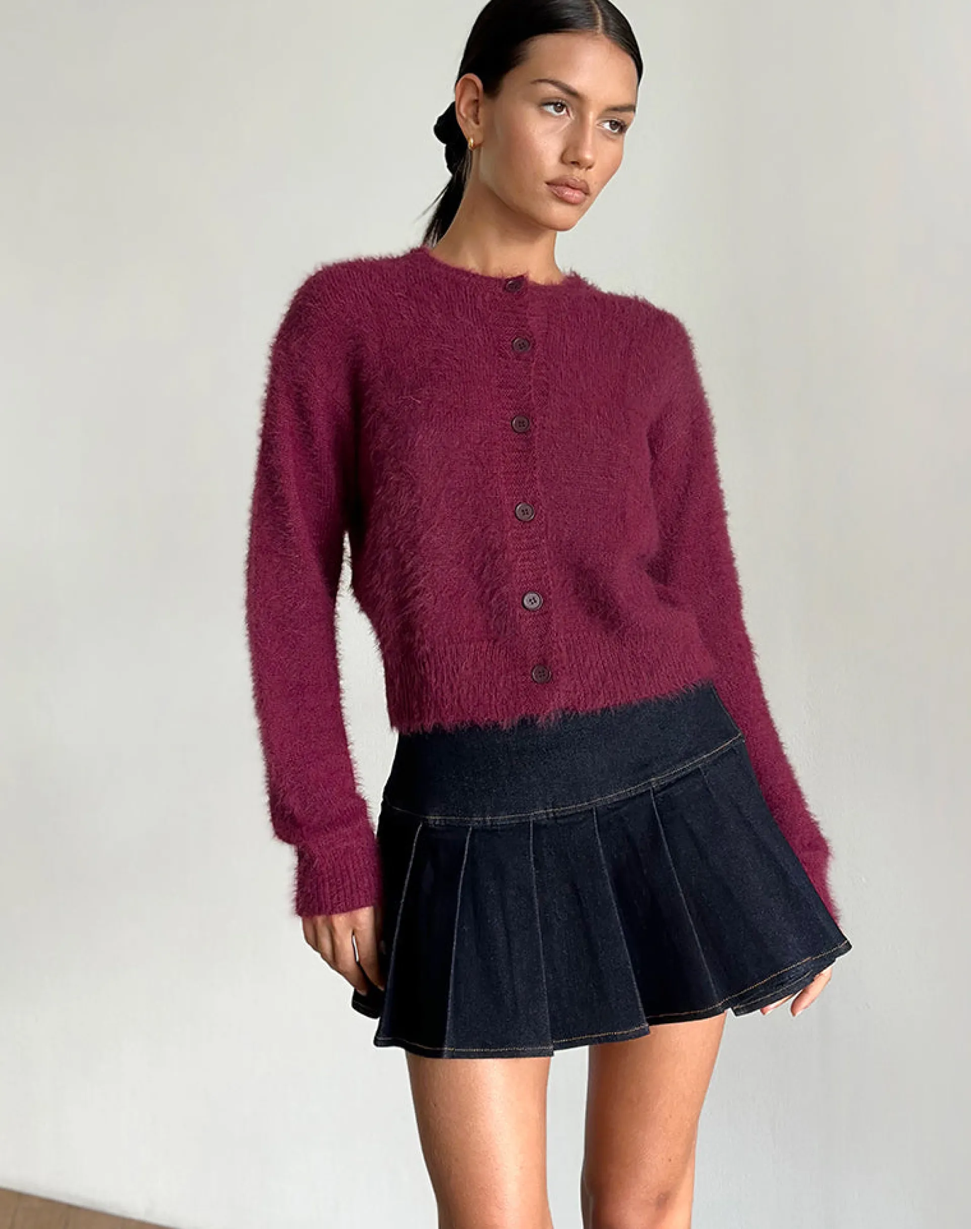 Motel Rocks Cardigans-Audrina Cardigan in Fluffy Burgundy FluffyBurgundy