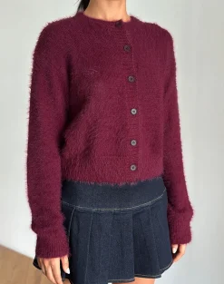Motel Rocks Cardigans-Audrina Cardigan in Fluffy Burgundy FluffyBurgundy