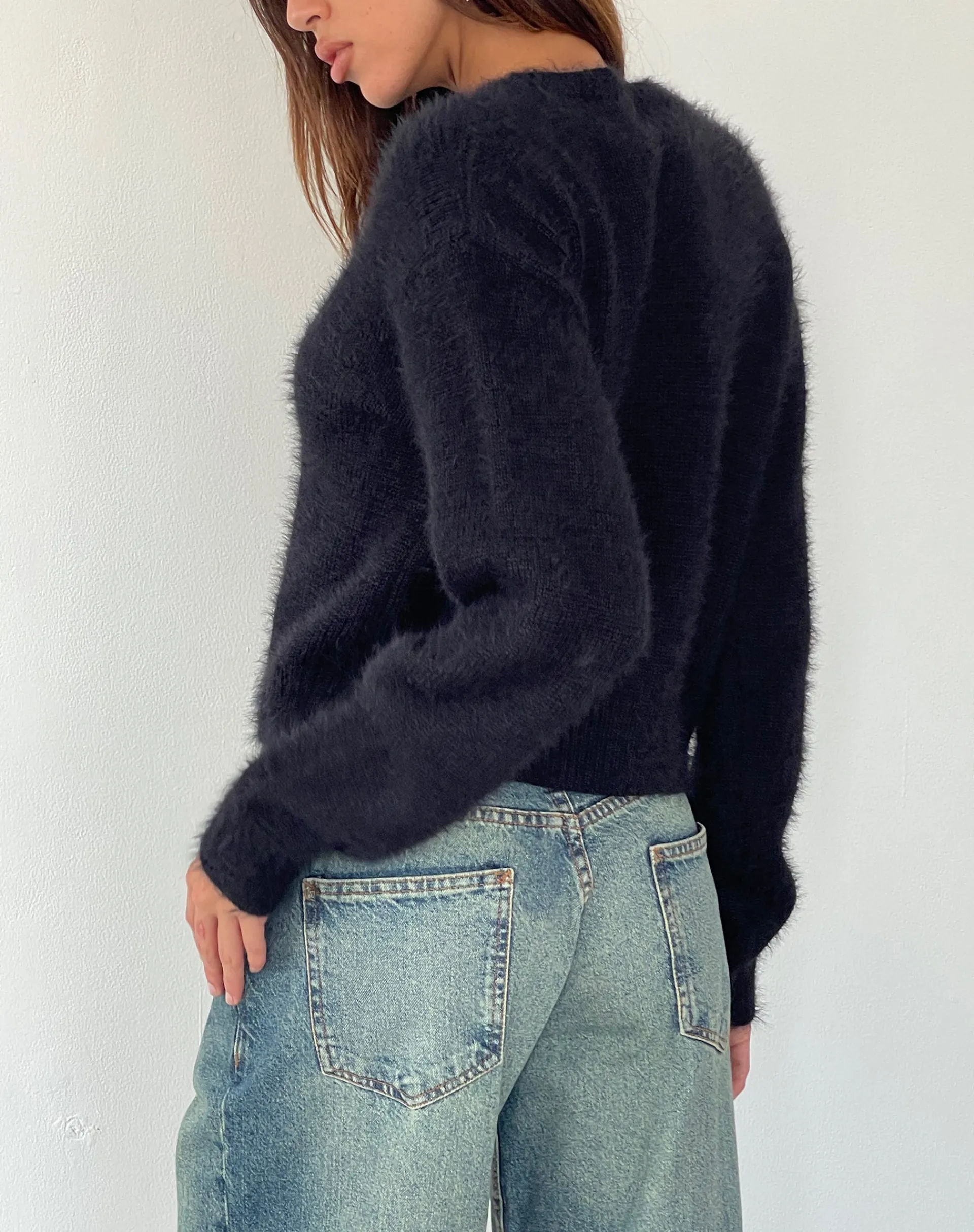 Motel Rocks Basics-Audrina Cardigan in Fluffy Knit Black fluffyknitblack