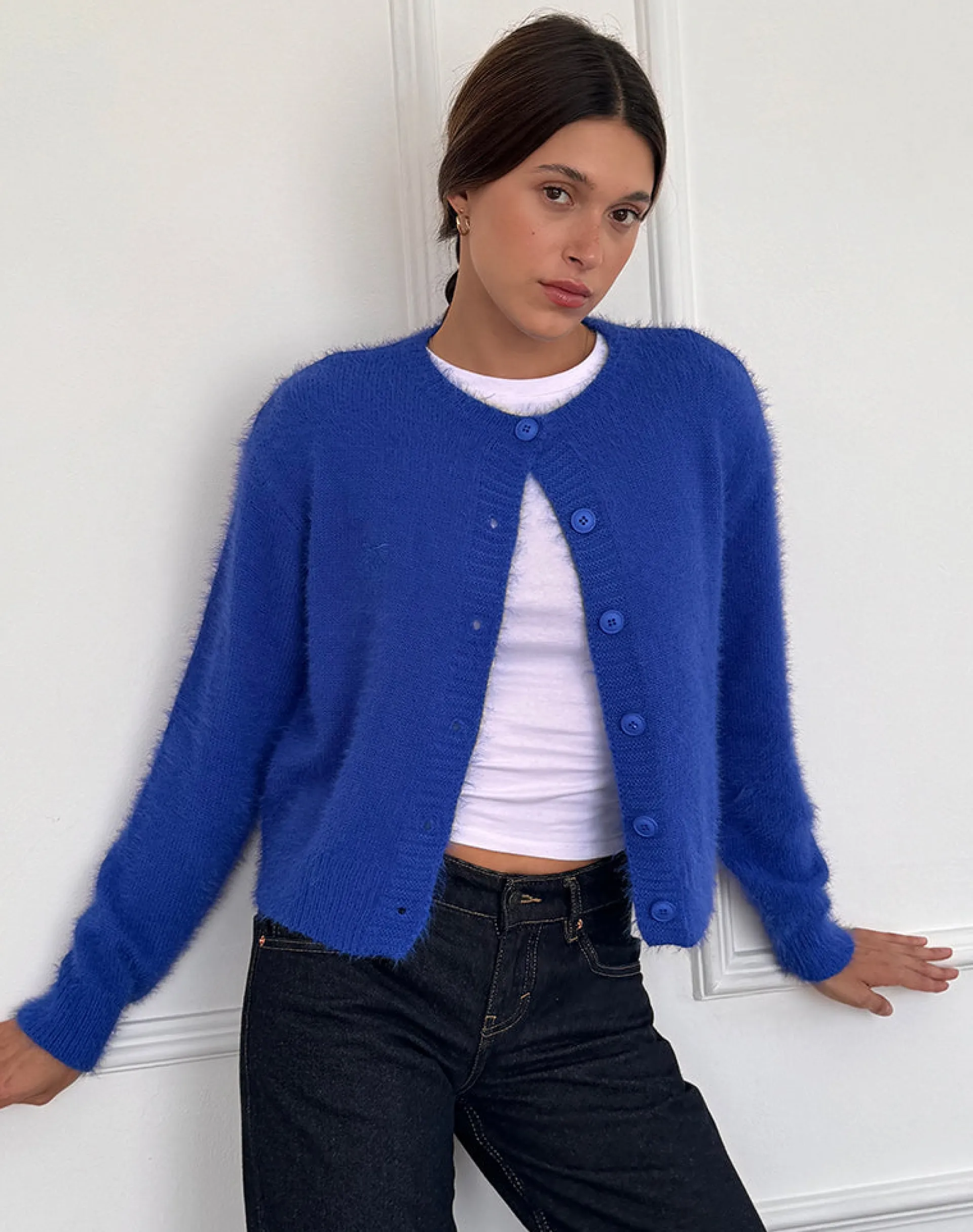 Motel Rocks Cardigans-Audrina Cardigan in Fluffy Cobalt Blue FluffyCobaltBlue