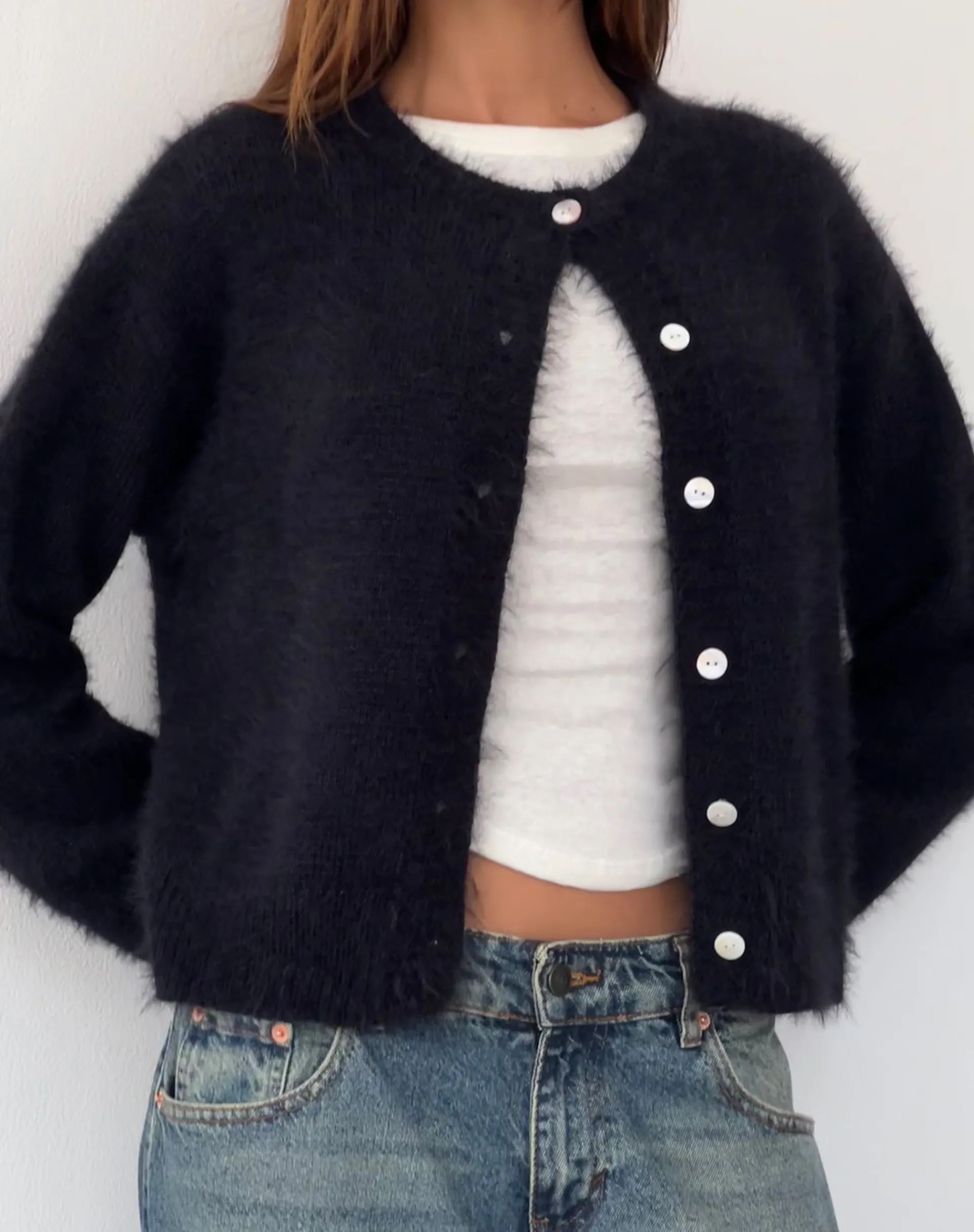 Motel Rocks Basics-Audrina Cardigan in Fluffy Knit Black fluffyknitblack