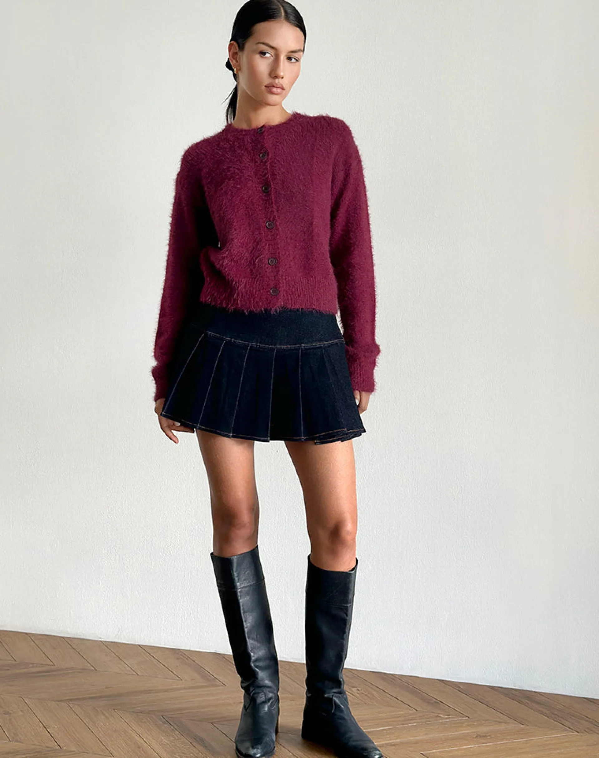 Motel Rocks Cardigans-Audrina Cardigan in Fluffy Burgundy FluffyBurgundy