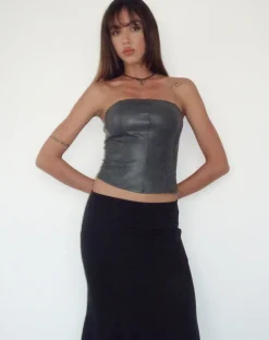 Motel Rocks Bandeau Tops-Audy Bandeau Crop Top in PU Slate Grey