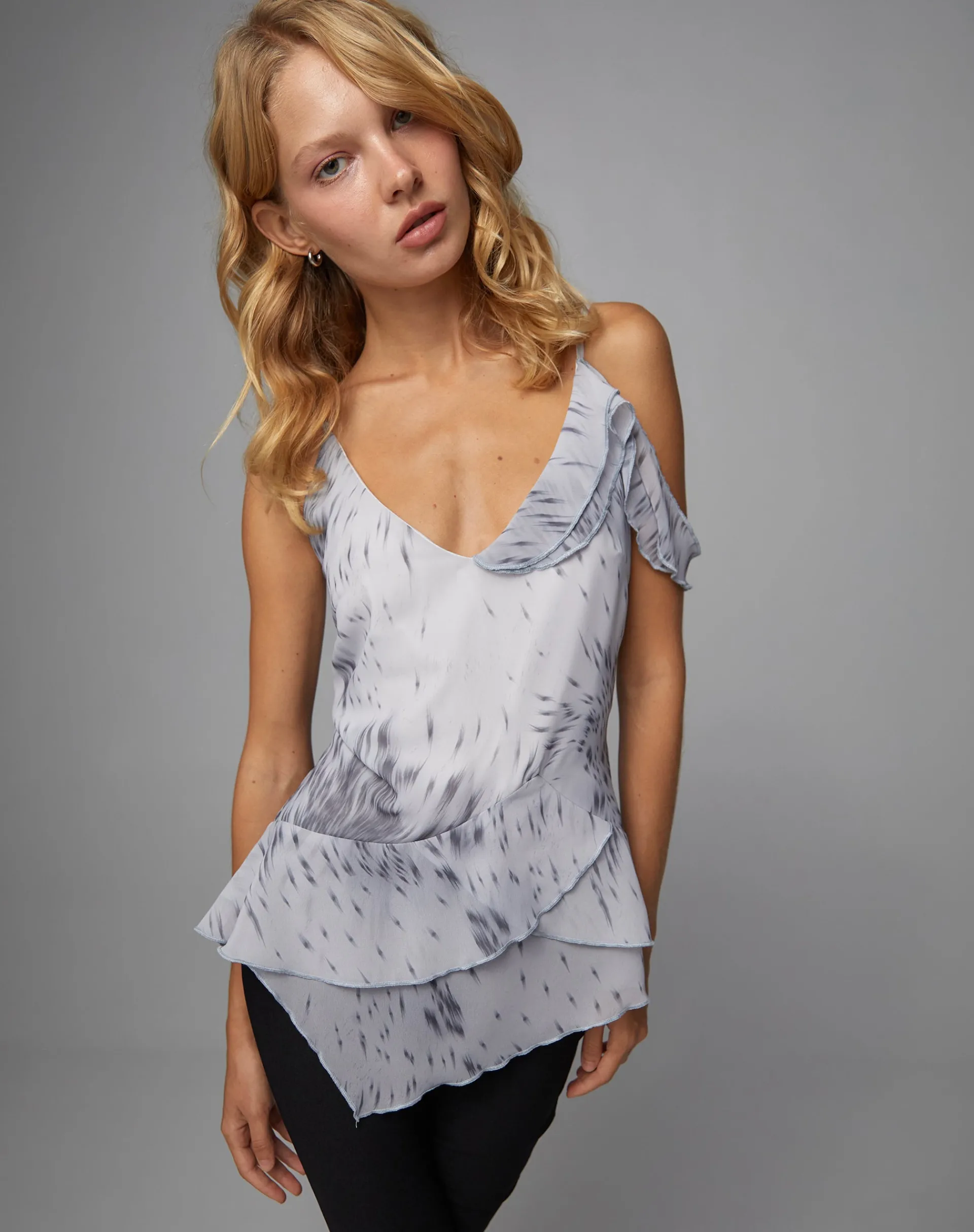 Motel Rocks Printed Tops | Strappy Tops-Aurel Waterfall Ruffle Cami Top in Distorted Animal Print