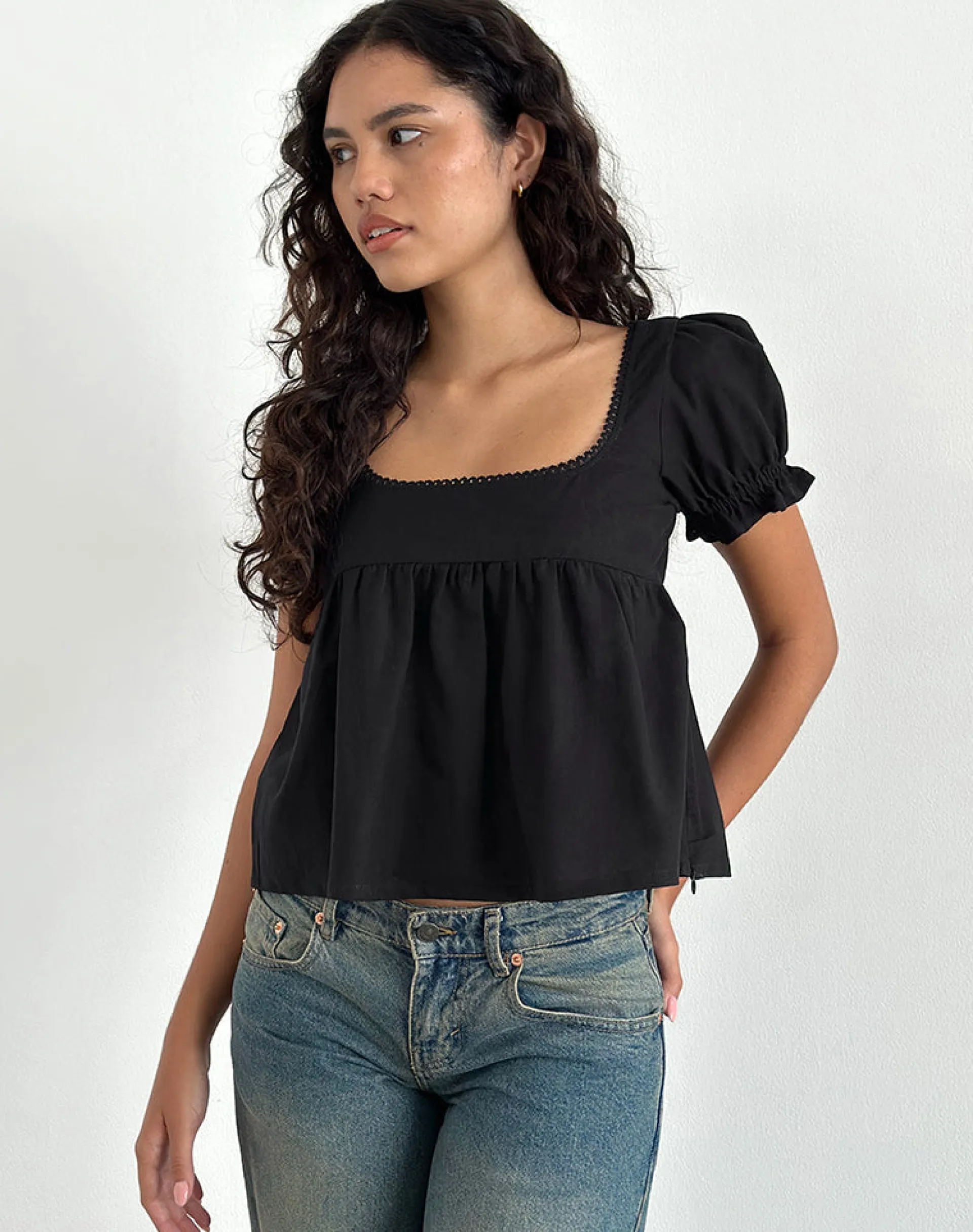Motel Rocks Basic Tops | Shirts And Blouses-Axoni Square Neck Blouse in Linen Black LinenBlack