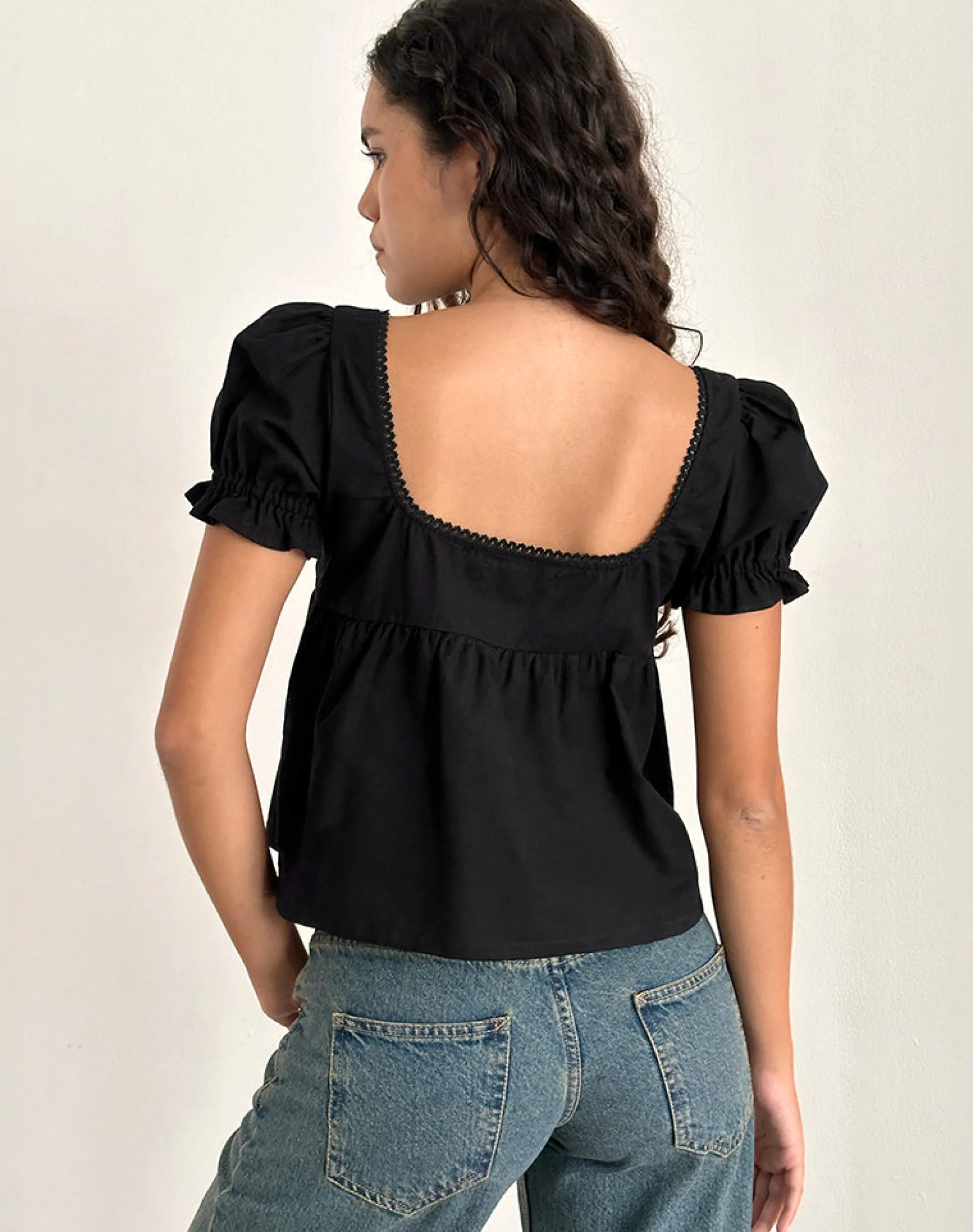 Motel Rocks Basic Tops | Shirts And Blouses-Axoni Square Neck Blouse in Linen Black LinenBlack