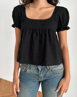 Motel Rocks Basic Tops | Shirts And Blouses-Axoni Square Neck Blouse in Linen Black LinenBlack
