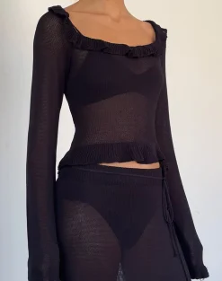 Motel Rocks Long Sleeve Tops | Going Out Tops-Ayako Frill Fine Knit Top in Black