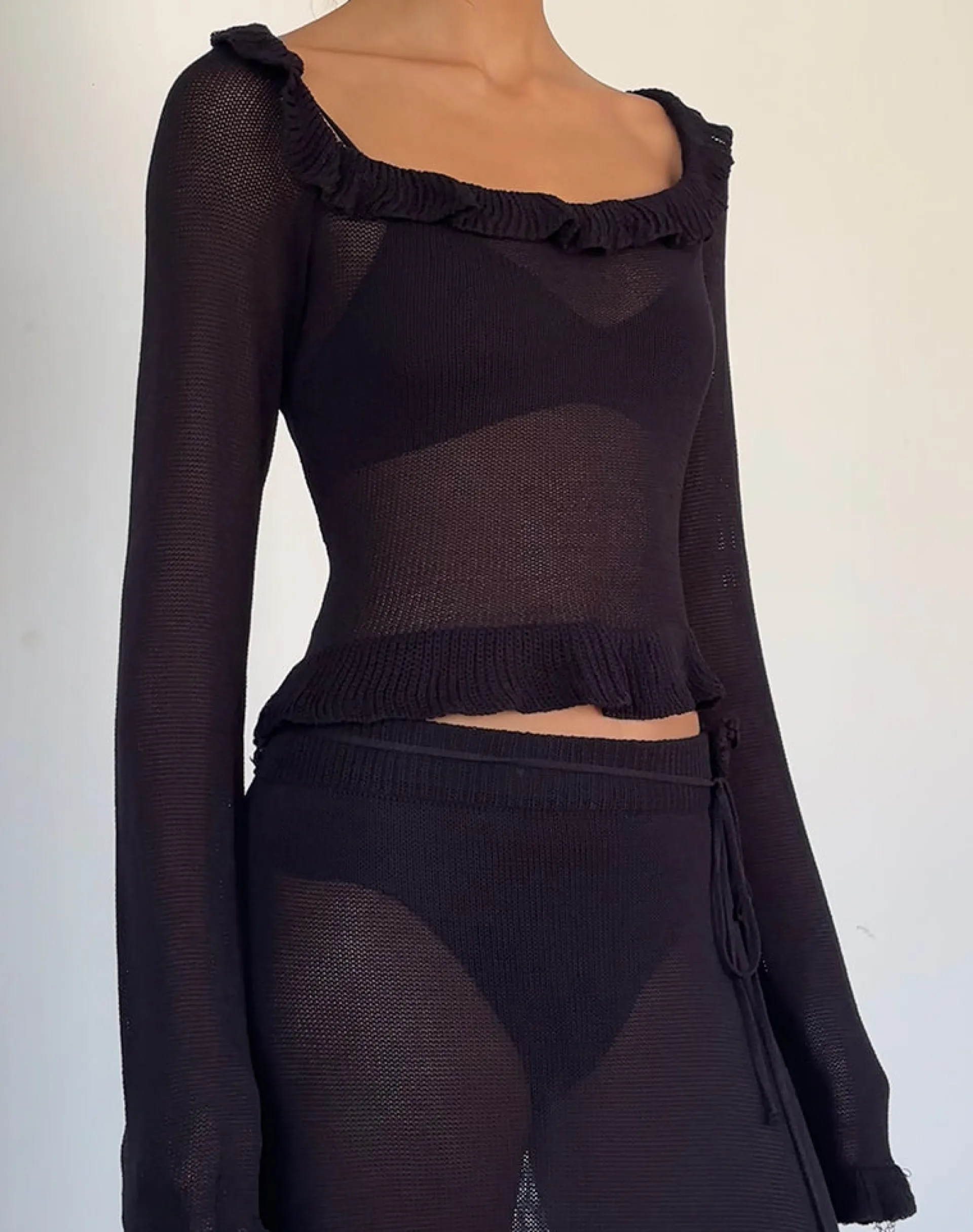 Motel Rocks Long Sleeve Tops | Going Out Tops-Ayako Frill Fine Knit Top in Black