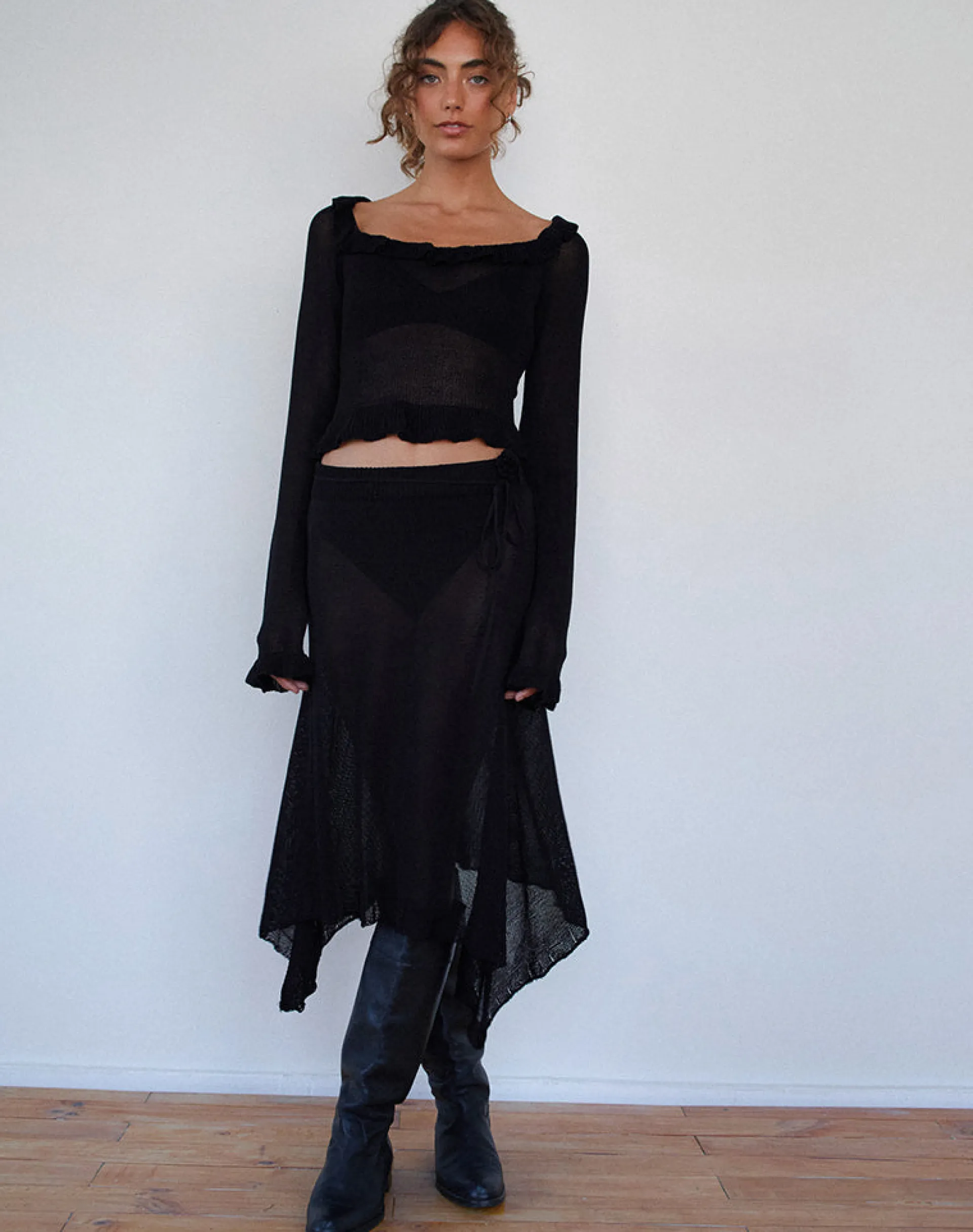 Motel Rocks Long Sleeve Tops | Going Out Tops-Ayako Frill Fine Knit Top in Black